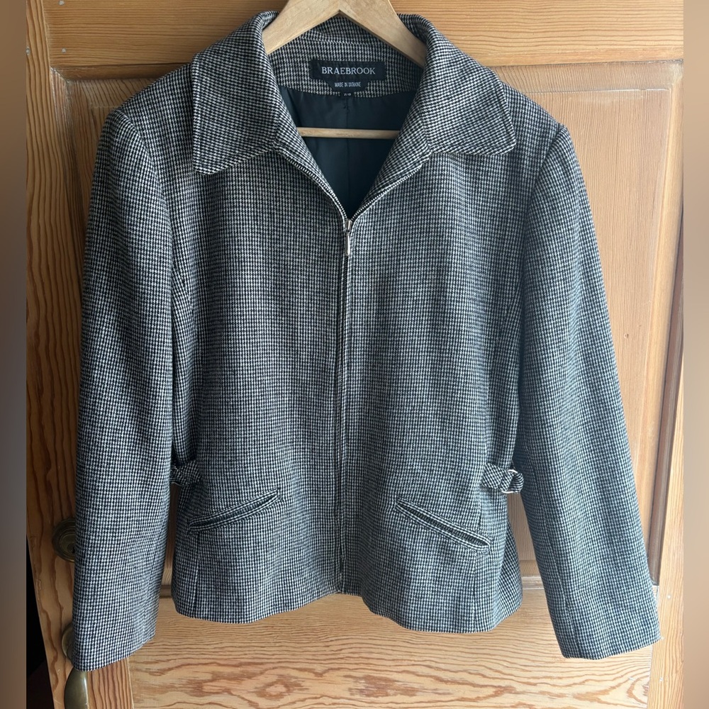 Vintage Black & White Wool Blend Blazer | Dark Academia | Size Medium